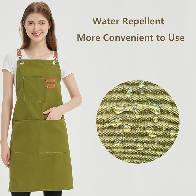 AFUN Chef Aprons for Women Men with Oversized Pockets, 12-Ounce Cotton Canvas Cross Back Water Repellent Apron (Army Green)