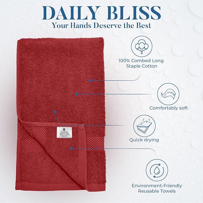 DAN RIVER 6-Pack Premium Hand Towels (16x28 Inches) - 100% Cotton, Ultra Soft, Lightweight, Highly Absorbent Towels for Bathroom, Spa, Gym, Salon, Hotel, and Travel - Red