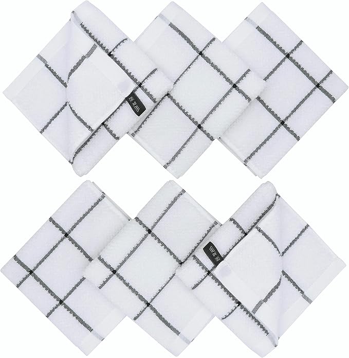 Cotton Terry Kitchen Dish Cloths, Soft Absorbent Tidy Kitchen Dish Towels (Black Grid, Dish Cloths 13 x 13 in)