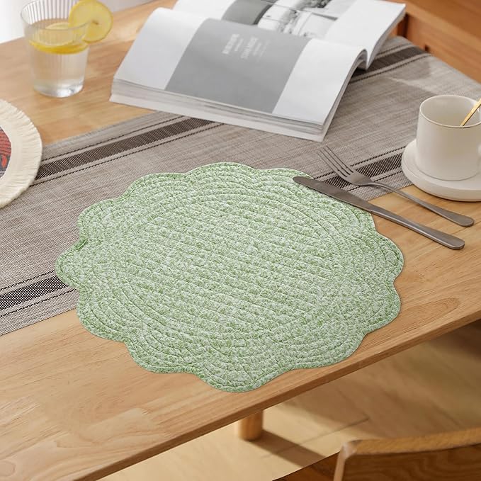 HOMBYS Quilted Placemats Set of 6 Washable Round Placemats for Kitchen Table-100% Cotton Fabric 14 Inch Round Table Mats, Cotton Fabric with Microfiber Filling, (14"x14", White & Green Flower)