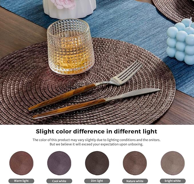 FunWheat Round Braided Placemats Set of 4 Table Mats for Dining Tables Woven Washable Non-Slip Place mats 15inch (Brown, 4pcs)