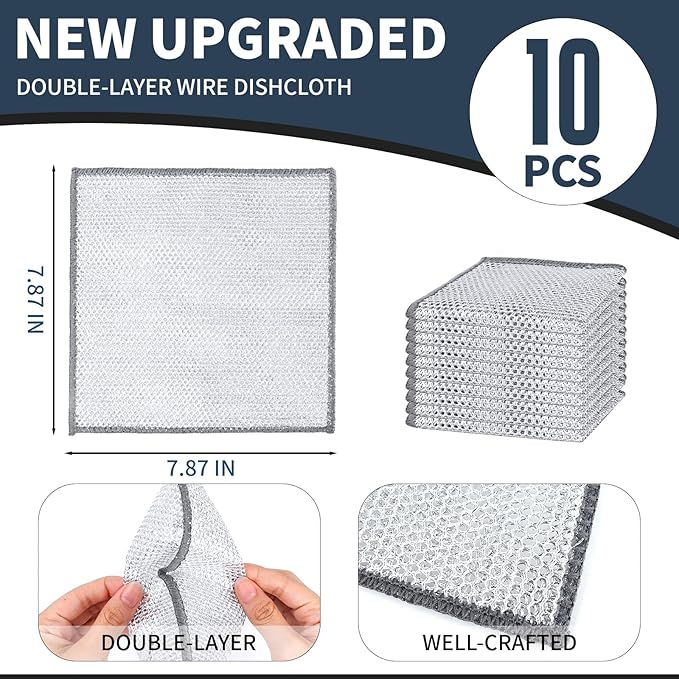 10 Pcs New Upgrade Steel Wire Dishcloth,Double-Layer Steel Wire Cleaning Cloth,Powerful Cleaning Non-Scratch Wire Dishcloth Rag for Cookware, Sinks, Dishes, Stove Tops (7.87 '' x 7.87 ''