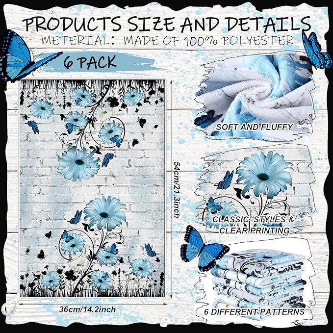 Breling Set of 6 Blue Daisy Kitchen Towel Vintage Themed Dish Towel Bathroom Decorative Rustic Tea Cloths for Kitchen Bathroom Home Cooking Housewarming Gifts, 14 x 21 Inch
