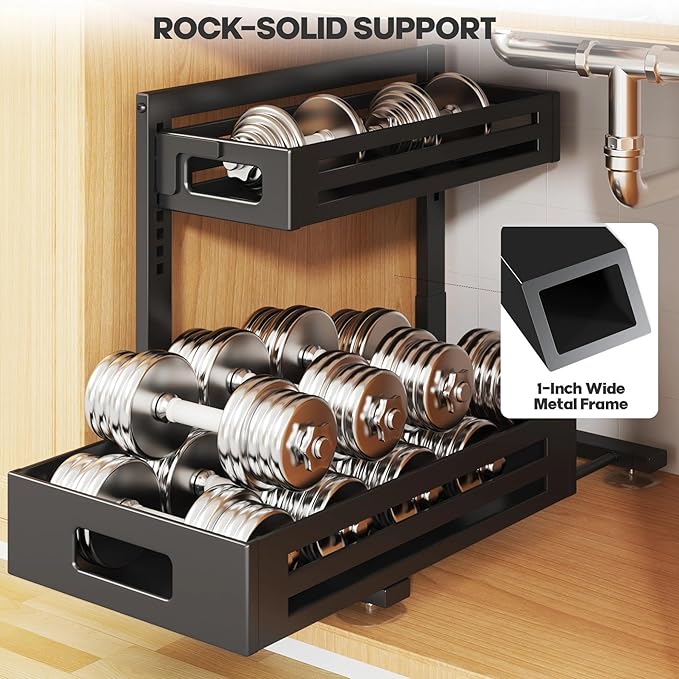 2 Pack 17IN-Depth Under Sink Organizer,Pull Out Cabinet Organizer With Smooth Cylindrical Rail,Metal Slide Out Drawer for Kitchen Bathroom Laundry,8-Level Tool Free Height Adjustable-Gun Gray
