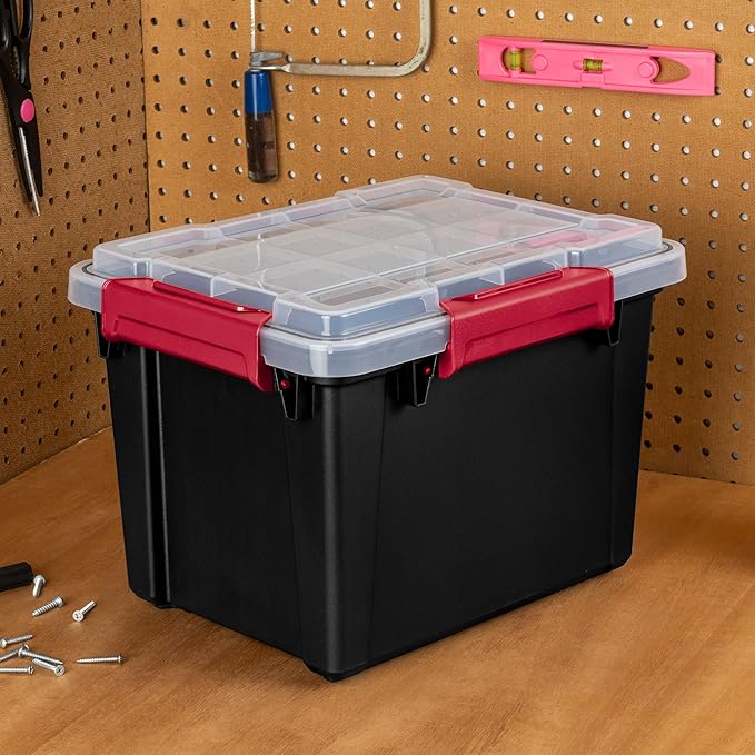 Sterilite 6 Pack 5 Gallon Gasket Box, Stackable Plastic Storage Container with Lids, Black - Waterproof and Dustproof Tote for Home Organization