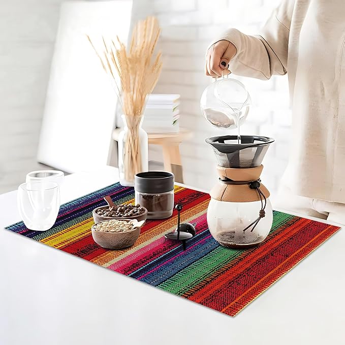 Mexican Placemats Set of 6,Ethnic Stripes Rainbow Table Mates Non-Slip Heat Resistant Washable Linen Place Mats for Party Kitchen Dining Decoration Indoor Outdoor 12"x18"