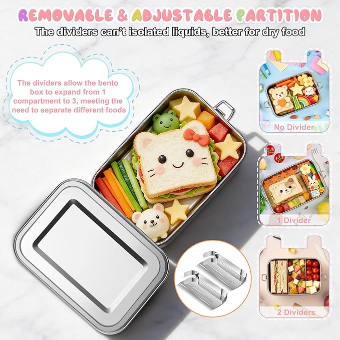 TeamFar Stainless Steel Bento Box, 2 Pack 28oz+47oz Metal Lunch Box with 3 Compartments for Adults Kids, 850ml+1400ML Lunch Food Containers for School/Work/Meal Prep, Leak-Proof & Dishwasher Safe