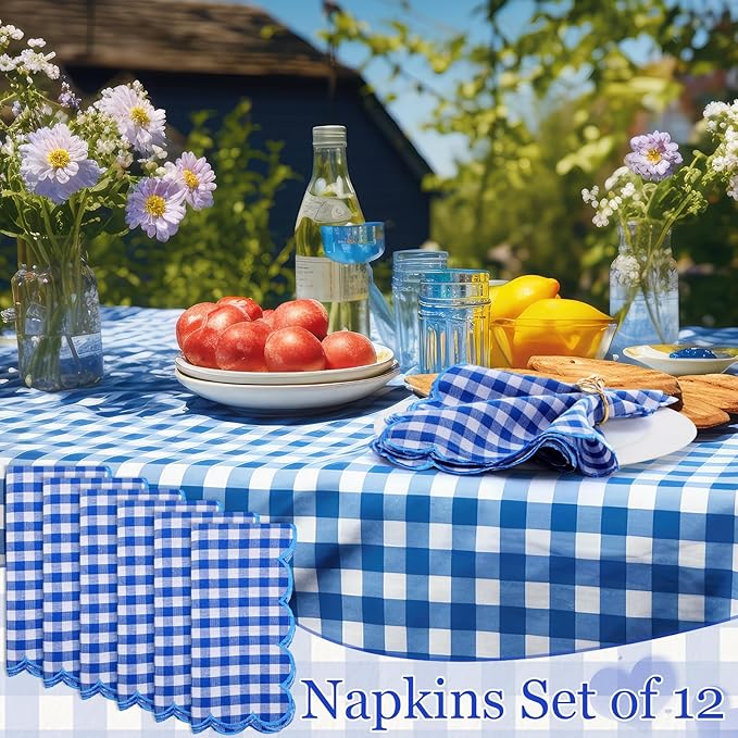 SmoothNovelty 12 Pack Buffalo Plaid Cloth Napkins 18x18 Inch Spring Checkered Cloth Napkins Scalloped Soft Cotton Table Mat Washable Reusable for Dinner Wedding Birthday Parties (Classic,Navy Blue)