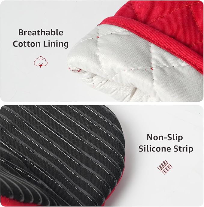Puppet Mini Oven Mitts Red Cotton Silicone Non-Slip Short Sleeve Soft, Oven Gloves for Women Mum Hot 500℉ Heat Resistant Hand Safe Microwave Air Fryer Kitchen Chef Cooking Baking Cookie Mitt Pair