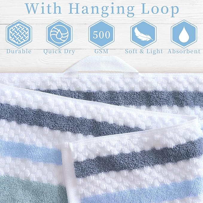 Waffle Towels for Bathroom-Quick Dry | Thick | Lightweight | 540GSM,Large Bath 30"x56", Hand 16"x27",Wash Cloths 13"x13",Cotton Polyester Blend Towels with Hanging Loops,Blue Gray Stripe and White