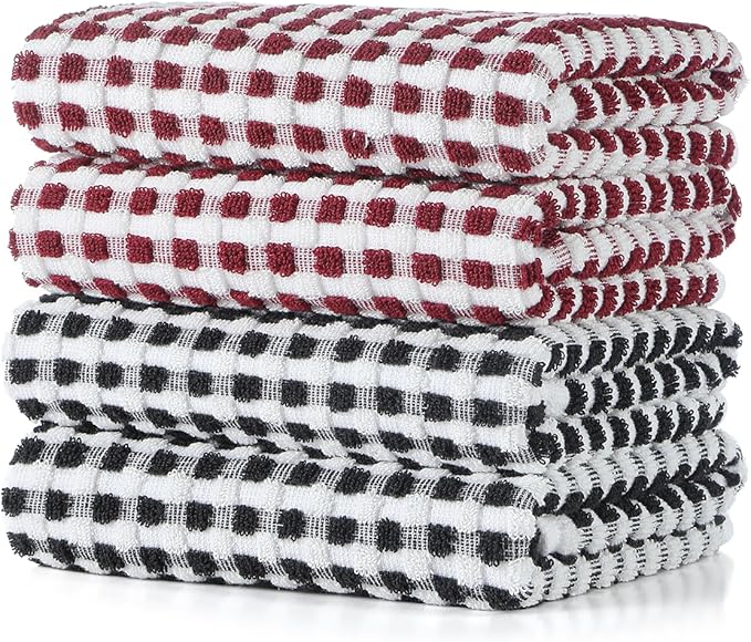 SALAS Cotton Dish Towels Cloths for Kitchen Drying Dishes, Lattice Terry Kitchen Towels, Absorbent Cloths with Hanging Loop, 16‘’ x 26‘’, 4 Packs, Wine Red and Black