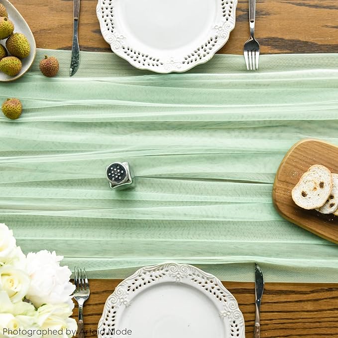 Artoid Mode 10PCS Light Green Gauze Table Runner 120 Inch 10FT, Seasonal Sheer Kitchen Dining Holiday Wedding Birthday Baby Shower Table Decor for Home Party