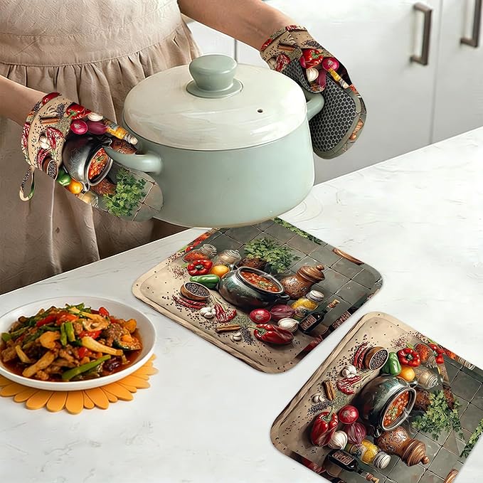 Herbs Spices Seasonings Oven Mitts and Pot Holders Set of 4, Heat Resistant Non Slip Kitchen Gloves Hot Pads,Chef Cooking Baking Gifts for Women Bakers,Kitchen Gifts for Cooking Lover Cooks