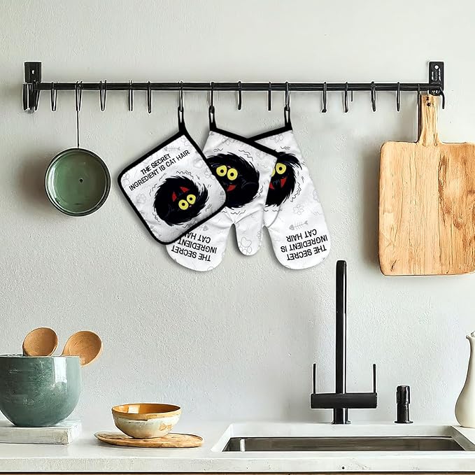 Funny Black Cat Oven Mitts and Pot Holders Set of 3, The Secret Ingredient is Cat Hair, Heat Resistant Non-Slip Kitchen Mitts Hot Pads, Sweet Housewarming Gifts for Hostess Baker Friend