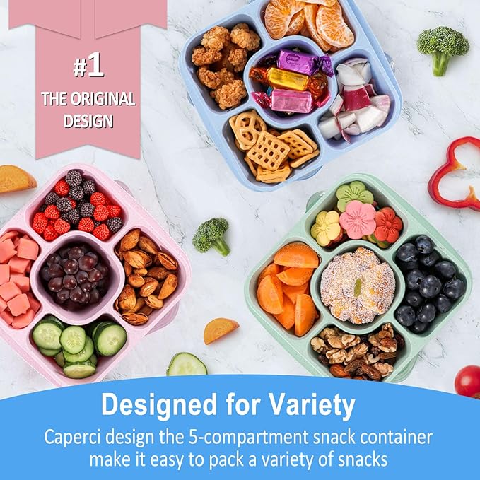 Caperci Original Snack Containers for Kids & Adults - Reusable Lunchable Container with 5 Compartment - BPA-Free Bento Snack Boxes for Food Storage & Meal Prep, Wheat Straw, Set of 3 (Brights)