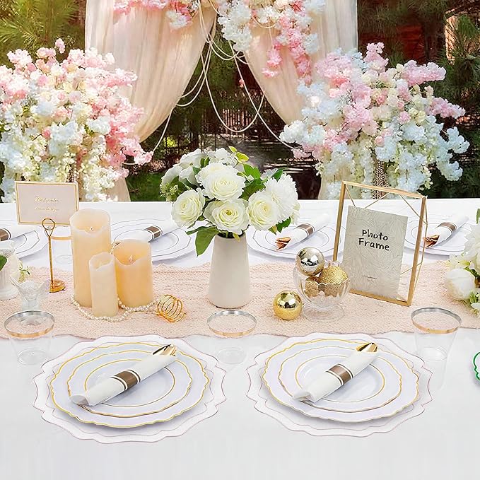 4 Sets Ribbon Twirl Cotton Linen Placemats, 15 inch Embroidery Round Cloth Table Mats with Pink Scalloped Edge Washable Fabric Place Mats Flower Shape for Wedding Baby Shower Party Table Decor