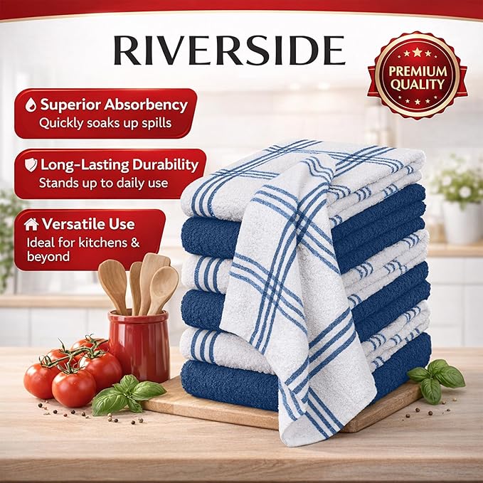 RIVERSIDE Pack of 12 Premium Kitchen Towels 16 x 26 Inches, 100% Cotton Kitchen Hand Towels, Super Soft and Highly Absorbent Dish Towels for Kitchen (Blue Opal)