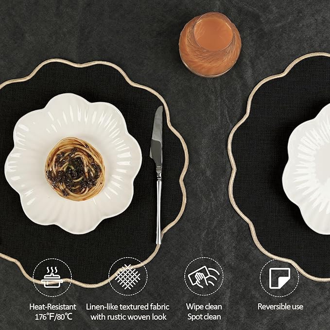 AHHFSMEI Round Faux Linen Placemats Set of 6 Heat Resistant Non-Slip Stain Proof Table Mats for Kitchen Dining Elegant Decor Place Mats (6, Black)