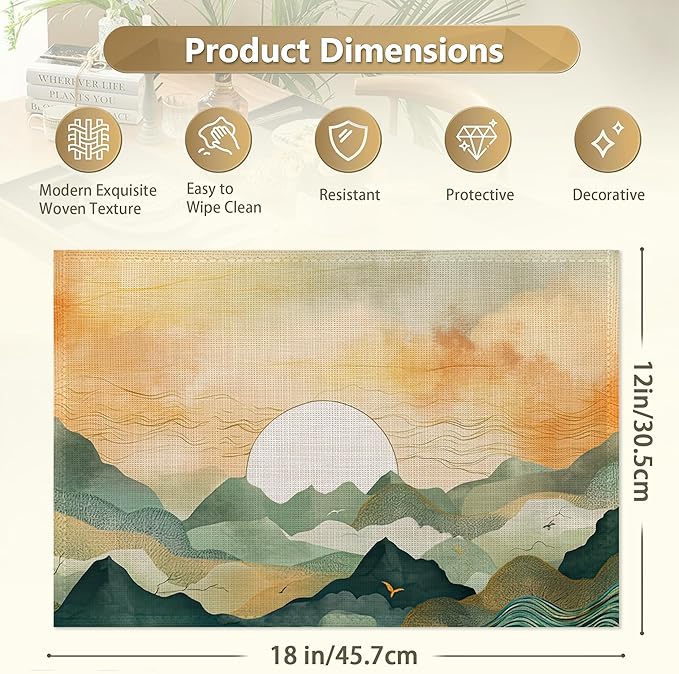 Mountains Landscape Sunset Placemats Set of 6,12x18 Inch Table Mats for Kitchen Table Washable Farmhouse Linen Table Mats Dining Decoration