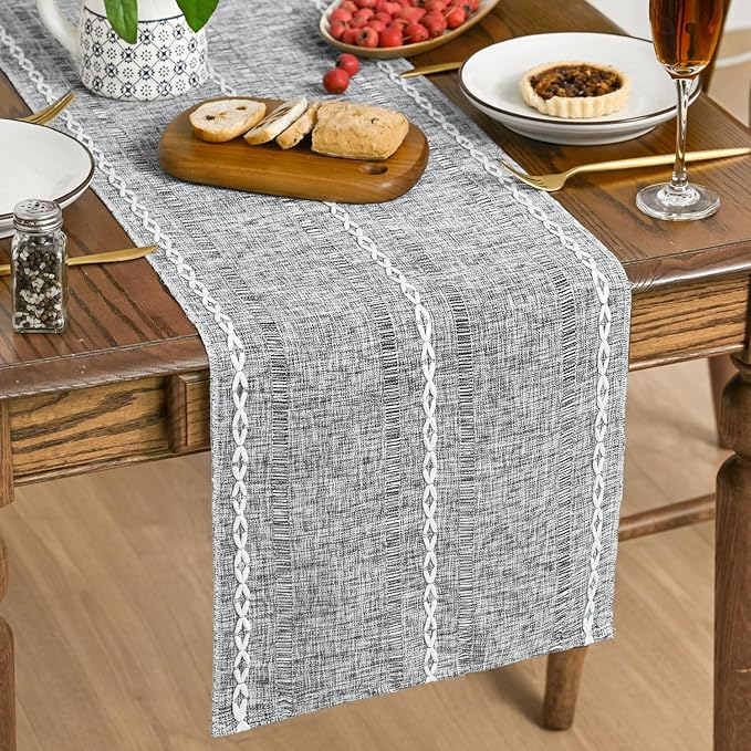 Artoid Mode Dark Grey Rustic Cotton Linen Table Runner, Seasonal Embroidered Hollow Kitchen Dining Table Decoration for Home Party Decor 13x108 Inch