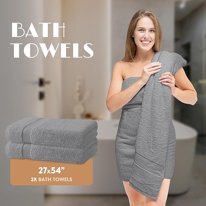 Light Gray Bath Towel Set of 6 - 100% Cotton Highly Absorbent Towels for Bathroom, 2 Luxury Bath Towels 650GSM, 2 Hand Towels, 2 Washcloths