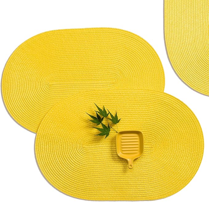 AHHFSMEI Placemats Set of 4 for Dining Table Washable Woven Non-Slip 18x12 inches Placemat Heat-Resistant Durable Table Mats for Dining Table Easy to Clean (Oval Yellow, 4)