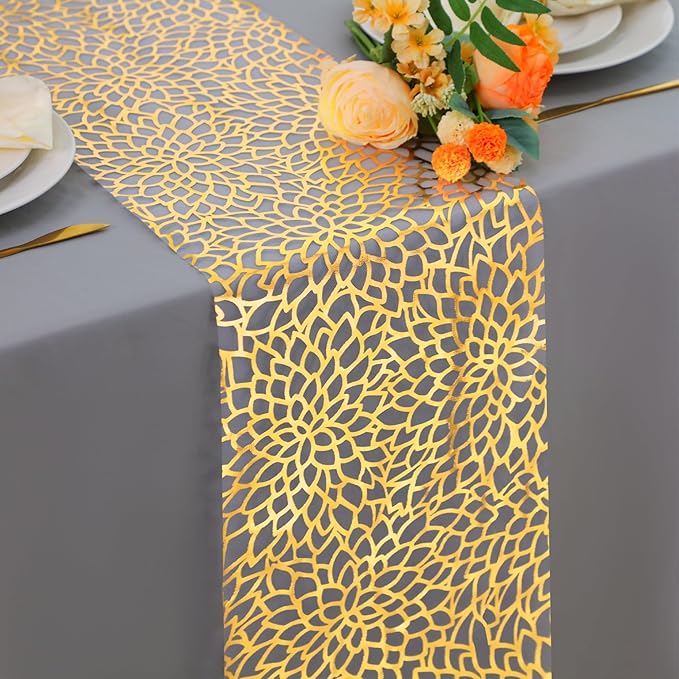 Snowkingdom 2 PCS Gold Spring Easter Table Runner 108 Inches Long, Gold Bloom Sequin Glitter Flower Floral Table Decor for Winter Holiday Dining Kitchen Party Valentine's Day New Year Home Decorations