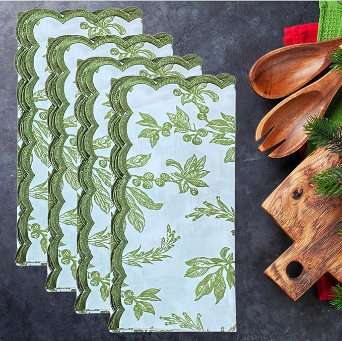 Ridhi Hand Block Print Olive Green 18" x 18" (Set of 4) Embroidery Table Napkins Reusable Cotton Dinner Napkins for Weddings, Parties, Everyday Dining Gift for Spring, Easter, Valentine
