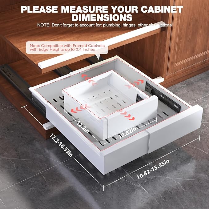 Seinloes 2 Pack Pull Out Cabinet Organizer Expandable Width(11"-16") and Depth(13"-17"),Slide Out Drawers With Raising Pad for Framed Cabinets,No Drill Roll Out Shelves for kitchen,Bathroom,White