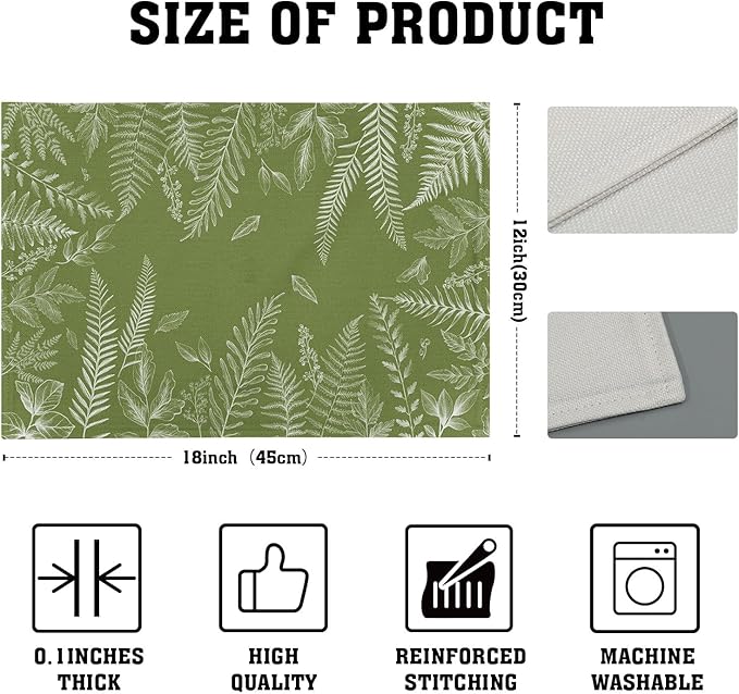 Spring Wild Fern Leaf Plants Placemats Set of 4, 12 x 18 Inch Green Place Mats Washable Kitchen Dining Linen Table Mats for Dining Table Kitchen Decoration