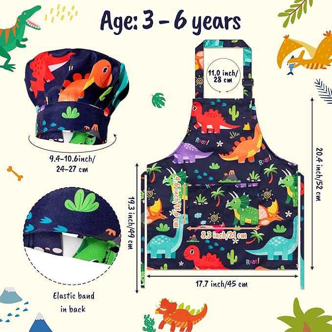 GROBRO7 4Pcs Kids Apron and Chef Hat Set Gift for Girls Boys, Dinosaurs World Adjustable Kitchen Toddler Aprons with 2 Pockets Waterproof Smocks for Baking Cooking Painting Training