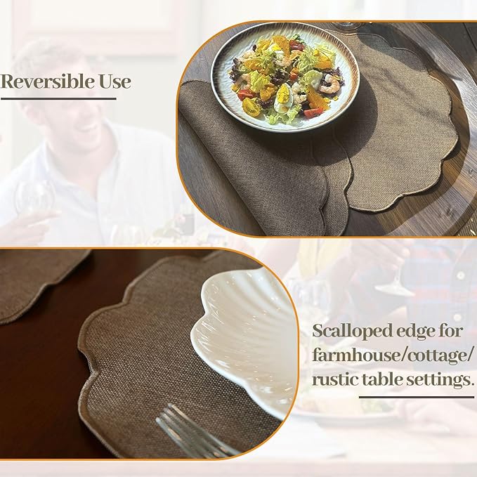 AHHFSMEI Round Faux Linen Placemats Set of 4 Heat Resistant Non-Slip Stain Proof Table Mats for Kitchen Dining Elegant Decor Place Mats (Brown,4)