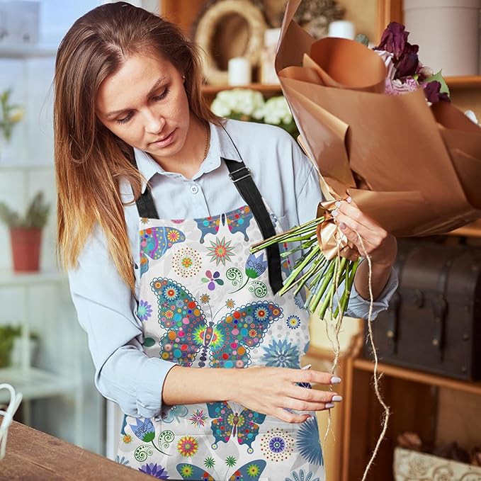 Britimes Butterfly Apron Floral Colorful Butterflies Flowers Aprons Kitchen Cooking Gardening for Women With Pockets