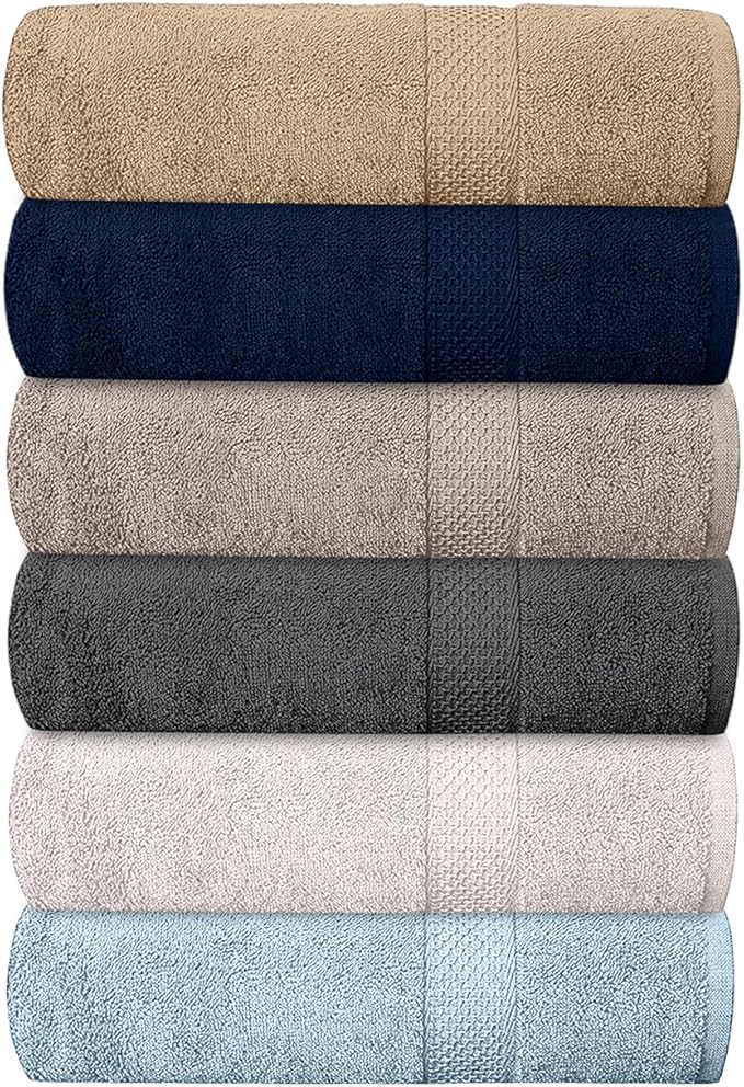QUBA LINEN Hotel & Spa 100% Cotton Bath Towels Pack of 6, Ultra Soft, Quick Dry, Lightweight, Highly Absorbent, Perfect for Shower, Spa, Gym, Pool, Hotel, Resort & Daily Use (Multi-Color - 24" x 48")