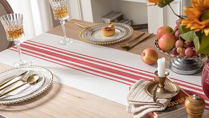 Christmas Table Runner 13 x 60 Inch for Dining Table, Boho décor Coffee Table Runner with Handcrafted Tassels, red and Beige Stripe Table Runner for Holiday, Winter