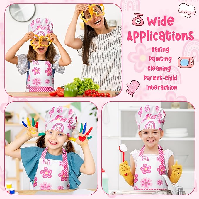 R HORSE Kid Apron and Chef Hat Set - 2Pcs Adjustable Children Pink Rainbow Kitchen Toddler Apron for Girls, Role Play Chef Toy Cooking Baking Painting and Training Kits Kid Funny Cooking Birthday Gift