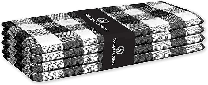 Cloth Napkin 100% Cotton 18Inch x 18Inch Decorative Gingham Buffalo Check Plaid Washable Napkins Table Napkin for Dining, Kitchen, Parties & Camping - Black White (Set of 4)