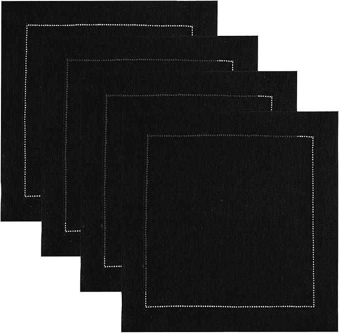 Solino Home Linen Square Placemats Set of 4-100% Pure Linen Black Cloth Placemats 14 x 14 Inch - Classic Hemstitch, Machine Washable Place Mats for Spring, Summer, Mothers Day