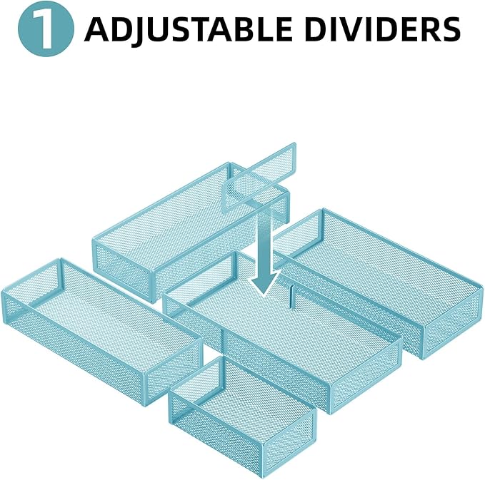 Marbrasse 5 Pack Desk Drawer Organizer Set, Mesh Drawer Storage Trays with 1 Adjustable Divider, Desk Organizers and Accessories, 5 PCS Drawer for Office Supplies, Makeup & Vanity (Blue)