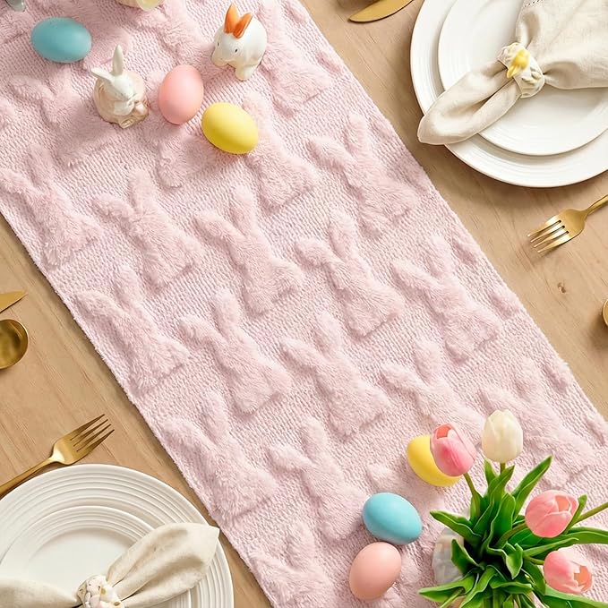 Artoid Mode Pink Soft Plush Faux Fur Jacquard Bunny Rabbit Easter Table Runner, Seasonal Kitchen Dining Table Decoration for Home Party Decor 13x108 Inch