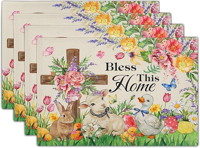 Easter Farmhouse Placemats Set Season Floral Faith Christian Place Mats Animals Kitchen Dining Table Decor 12 X 18 in