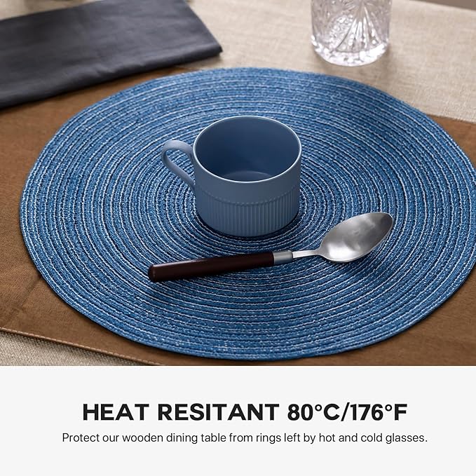 Round Placemats Set of 12 Woven Placemats Washable Braided Table Mats for Dining Table Heat Resistant Non-Slip Circle Place Mats(Mid Blue)