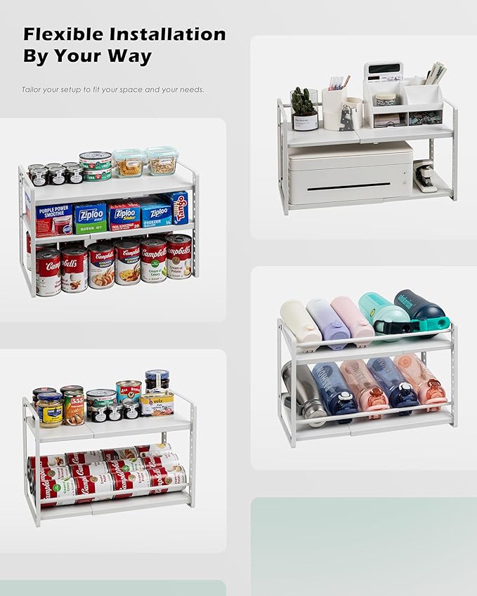 Desk Organizer Shelf, 2-Tier Expandable Metal Desktop Shelves with Multiple Setup, Organizer Storage Rack for Bookshelf & Supply Storage, Space-Saving for Office, Kitchen Countertop, Cabinet, Pantry
