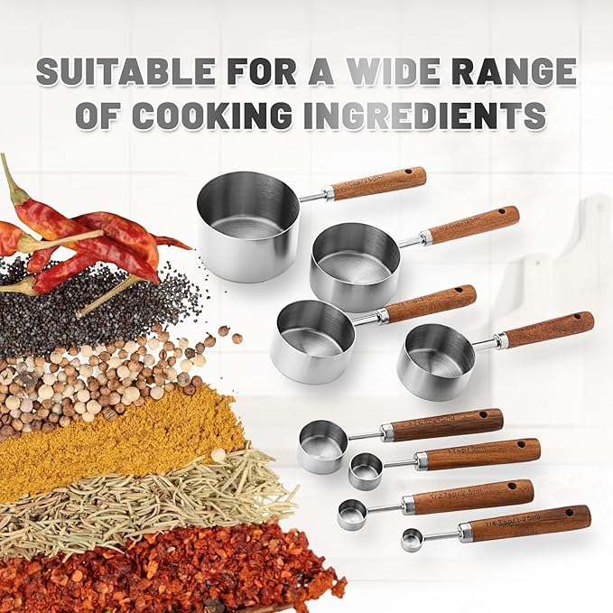 Measuring Cups and Spoons Set,Premium Stainless Steel Measuring Cups and Spoons Set with Wood Handle, 8-Pieces Kitchen Essentials for Baking, Coffee with Ergonomic Grip & Engraved Markings(Silver8)