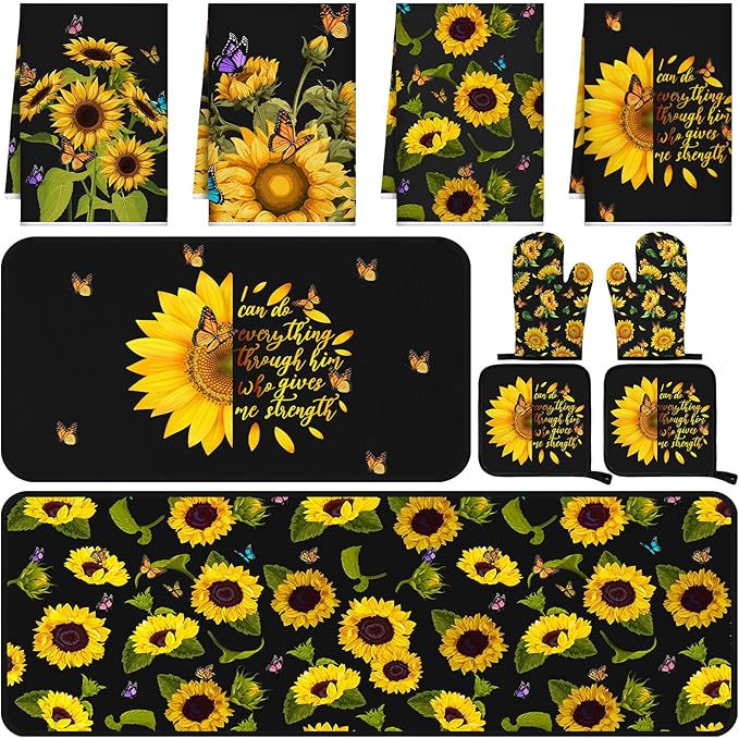 Fourluoo 10 Pcs Sunflower Kitchen Decor Sunflower Oven Mitts and Pot Holders Set Black Dish Towels Summer Rugs Mats Farmhouse Kitchen Accessories for Chef Baking Cooking Grilling BBQ Women Home Gift