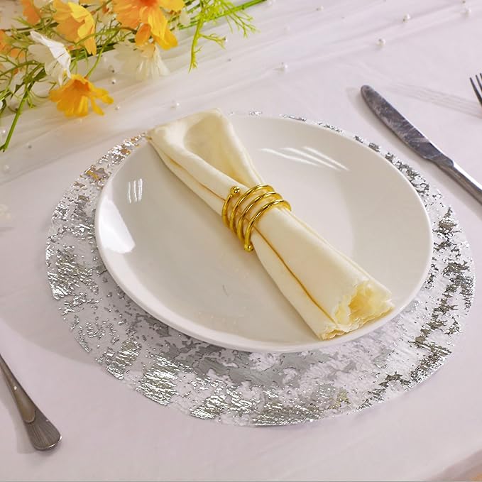 Snowkingdom Silver Disposable Placemats Set of 50 Foil Mesh 13 Inch Round Table Mates Bulk 50 Pack Silver Doilies for Dining Table Wedding Birthday Party Holiday Home Decoration