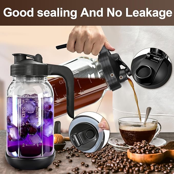 2 PCS Cold Brew Coffee Maker,64 oz Mason Jar Pour Spout Lid, Refillable Stainless Steel Filter,Non-slip Silicone Sleeve for Glass Pitcher, Homemade Beverage,For Home Baristas & Coffee Enthusiasts