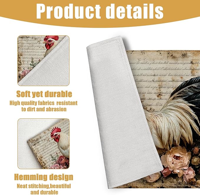 Vintage Rooster Floral Placemats Set of 6, Farmhouse Chicken Linen Place Mat Washable Stain Resistant Table Mats for Seasonal Kitchen Dining 12x18 Inch