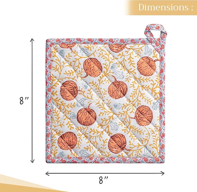 Maison d' Hermine Pot Holders Set 100% Cotton Heat Resistant Potholders 8" x 8" Hot Pads with Loop for Thanksgiving Christmas Decorations BBQ Baking Handling Hot Pans (Pack of 2, Harvest Festival)