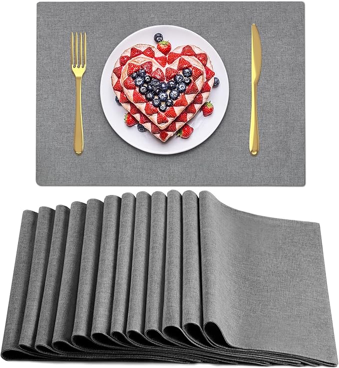 Sieral 12 Set Cloth Placemats Rectangle Dining Table Placemat Bulk 13 x 19 Inch Machine Washable Heat Resistant Cotton Linen Table Mats for Wedding Birthday Party Supplies(Dark Gray)